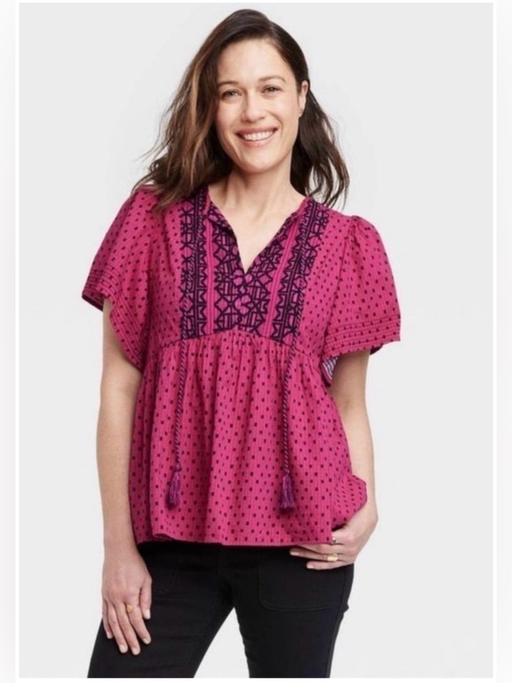 NWOT Knox Rose Boho Flutter Sleeve Embroidered Babydoll Top Rich Magenta Dot